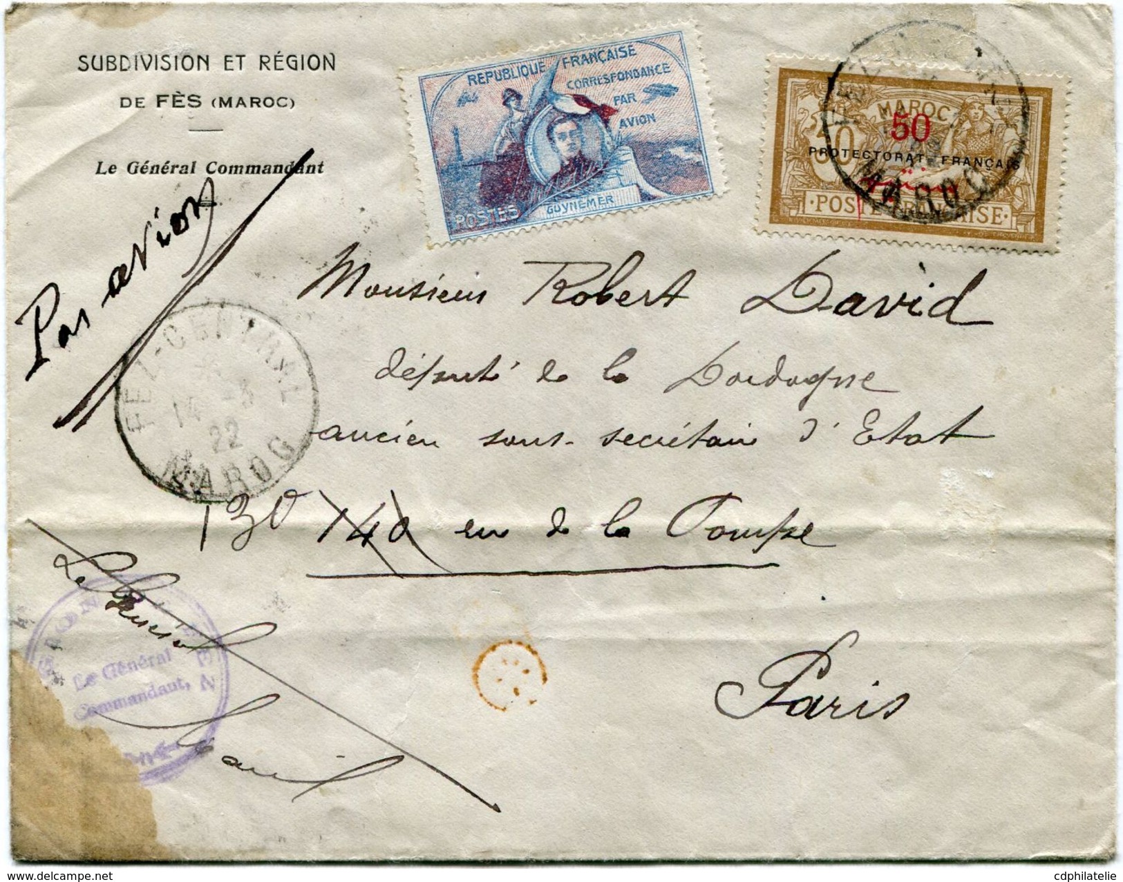 MAROC LETTRE PAR AVION AVEC VIGNETTE GUYNEMER DEPART FEZ-CENTRAL 14-3-22 MAROC POUR LA FRANCE - Lettres & Documents