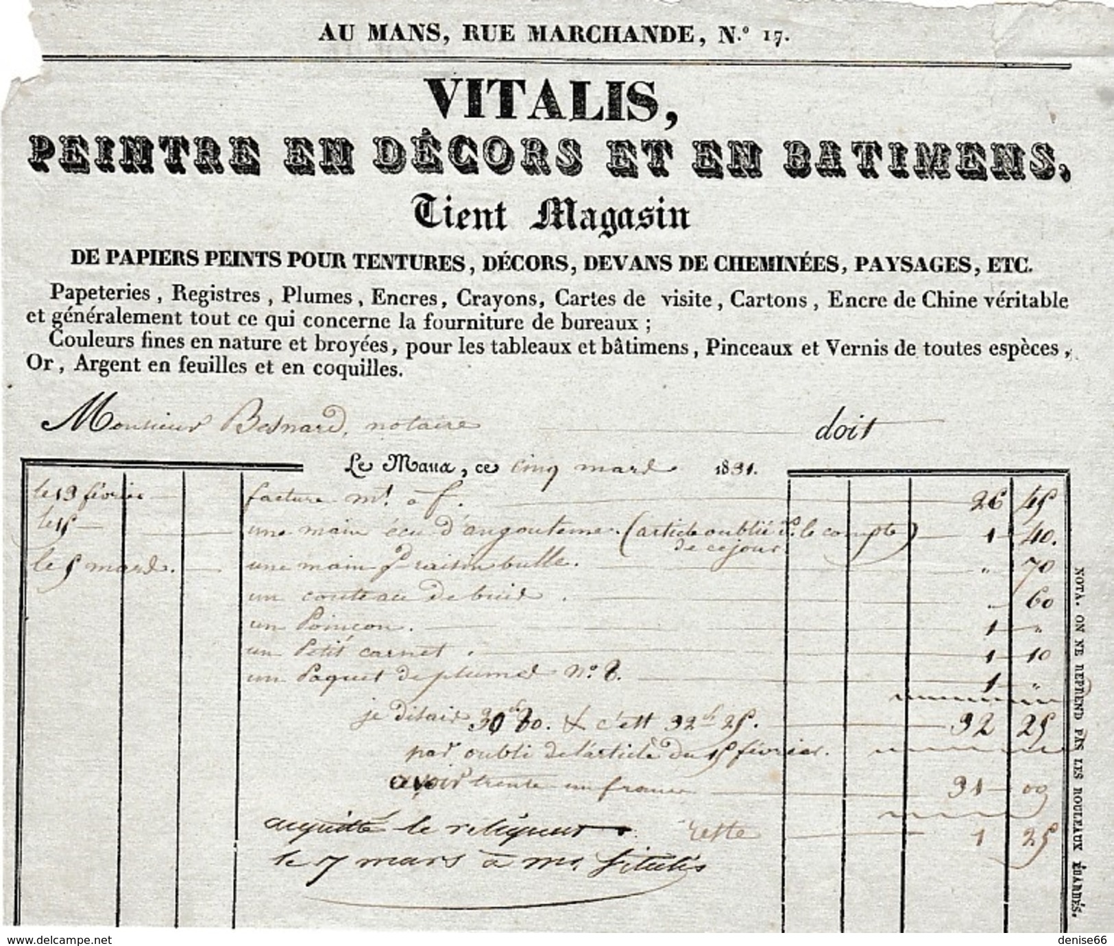 1891 - LE MANS (72) 17, Rue Marchande - VITALIS, Peintre En Décors Et En Batiments - Documenti Storici