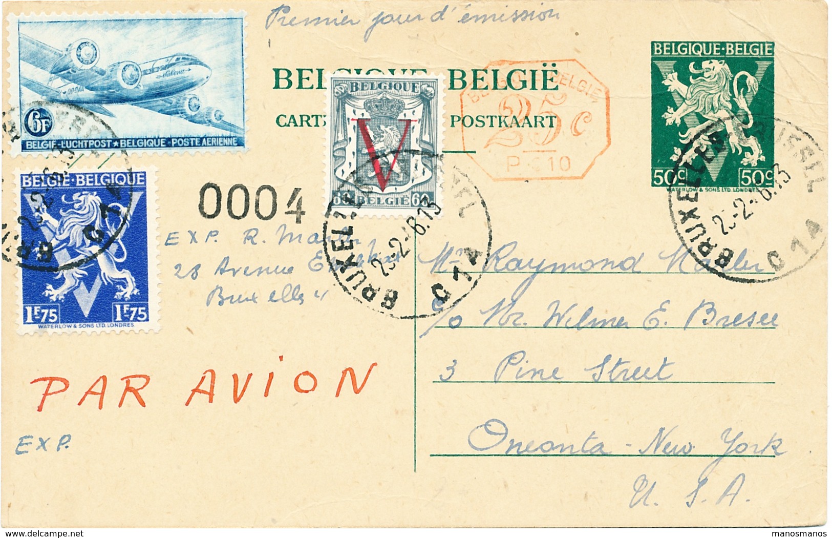 733/25 - PAR AVION - Entier Postal Lion V + TP Divers , Dont Douglas 1 Er Jour D' Emission 23 Février 1946 - Briefkaarten 1934-1951