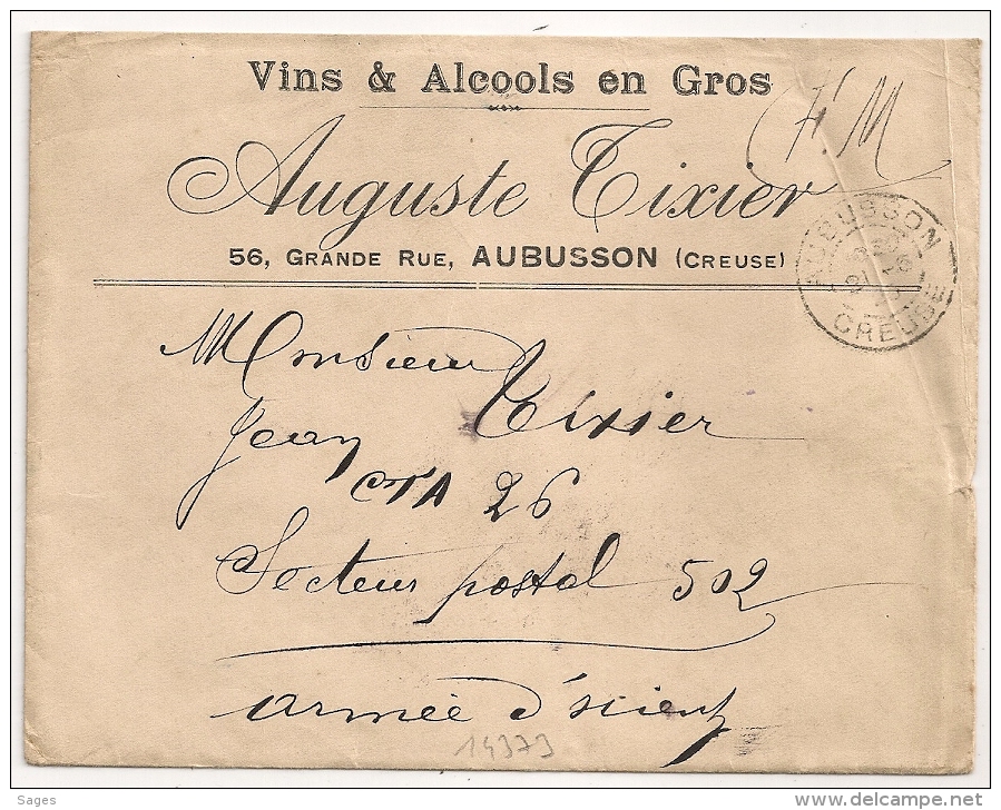 En Franchise, Pour Armée D'Orient, AUBUSSON Creuse, Vins &amp; Alcools En Gros. - 1877-1920: Période Semi Moderne