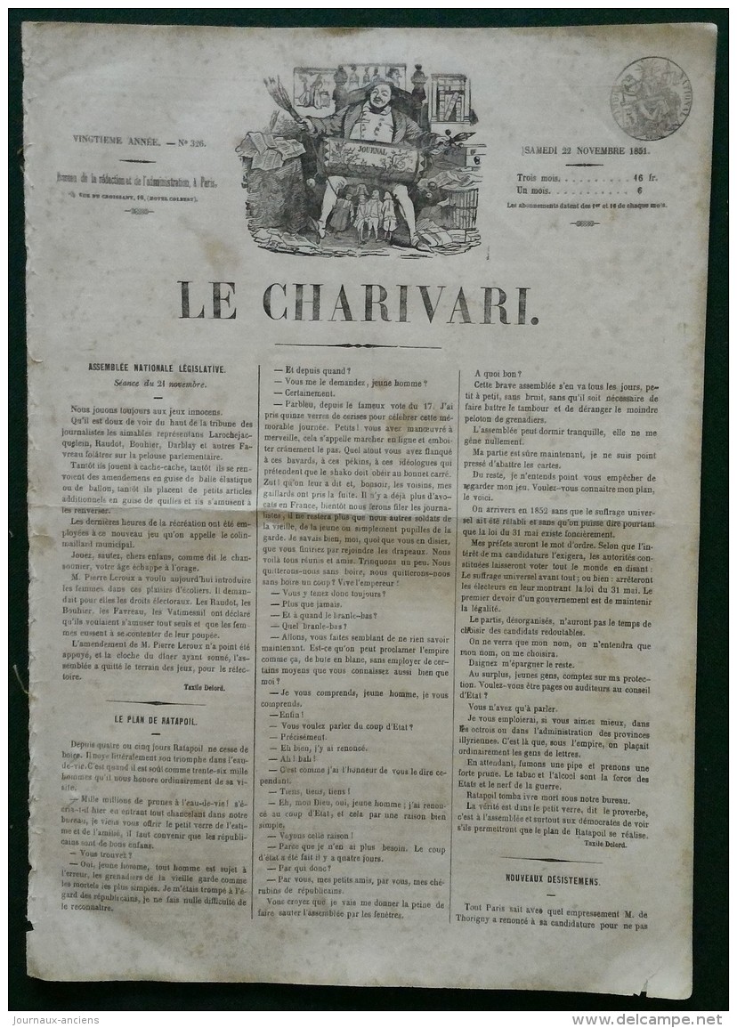 1851 Honoré DAUMIER - ACTUALITÉS N° 255 PASSAGE DU RUBICON - JOURNAL LE CHARIVARI - 1850 - 1899