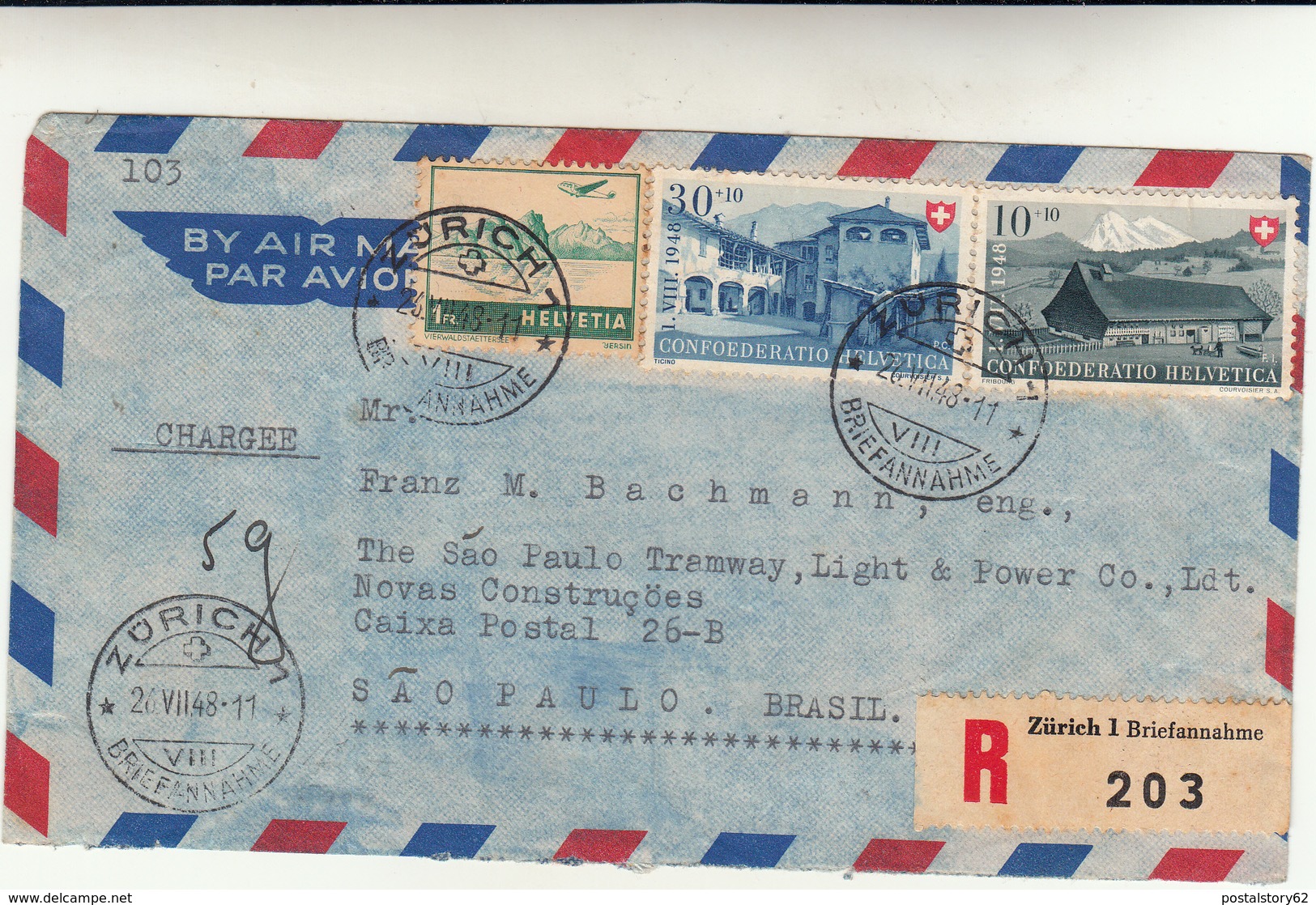 Zurigo To Sao Paulo,Brasil. Cover Raccomandata 1948 - Briefe U. Dokumente