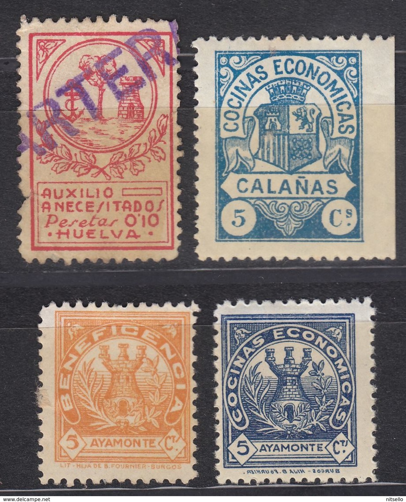 LOTE 2190  /// (C110) CAT. FESOFI Nº 13 HUELVA, Nº 1 CALAÑAS, Nº 6 AYAMONTE (BENEFICENCIA NARANJA), Nº 2 AYAMONTE - Spanish Civil War Labels