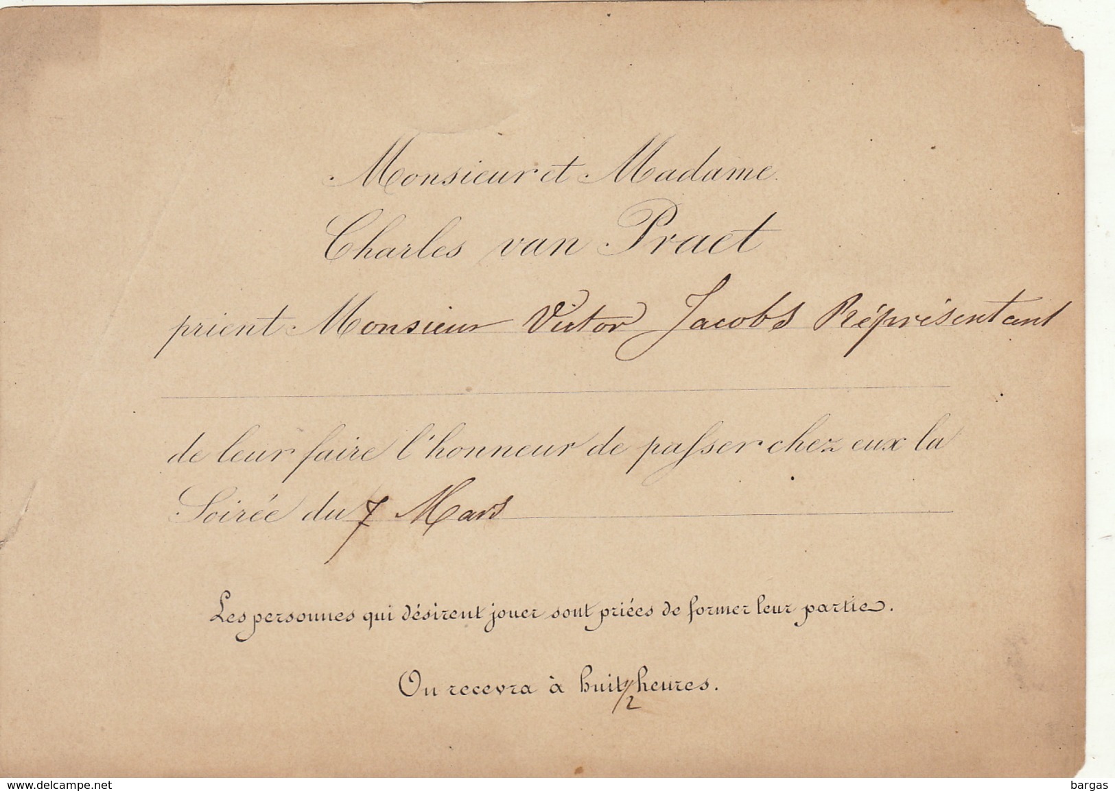 Invitation De Monsieur Van Praet Pour Le Ministre Belge Victor Jacobs Vers 1870 - Autres & Non Classés