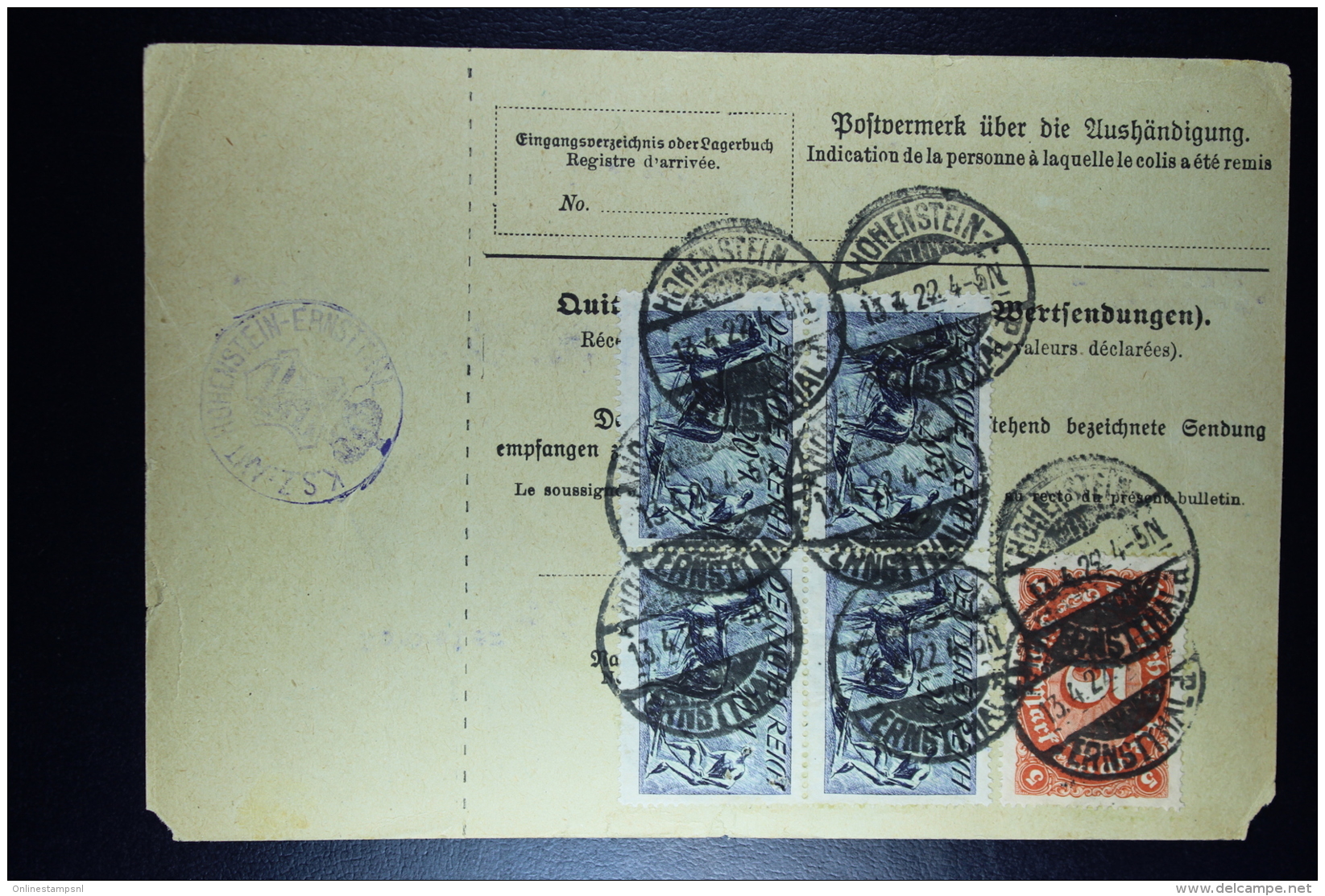 Deutsche Reich Paketkarte  Hohenstein-Ernstthal -&gt; Zurich Schweiz  1922 Mixed Stamps (back - Briefe U. Dokumente