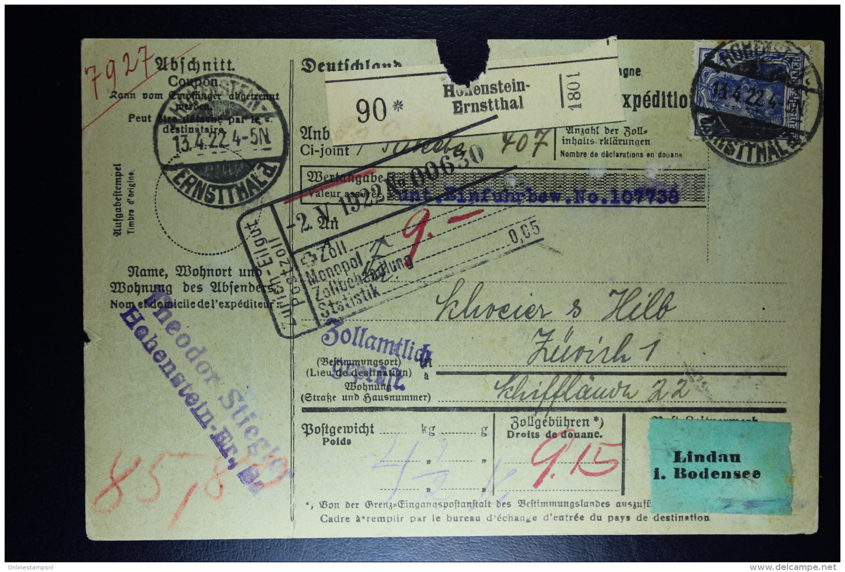 Deutsche Reich Paketkarte  Hohenstein-Ernstthal -&gt; Zurich Schweiz  1922 Mixed Stamps (back - Briefe U. Dokumente