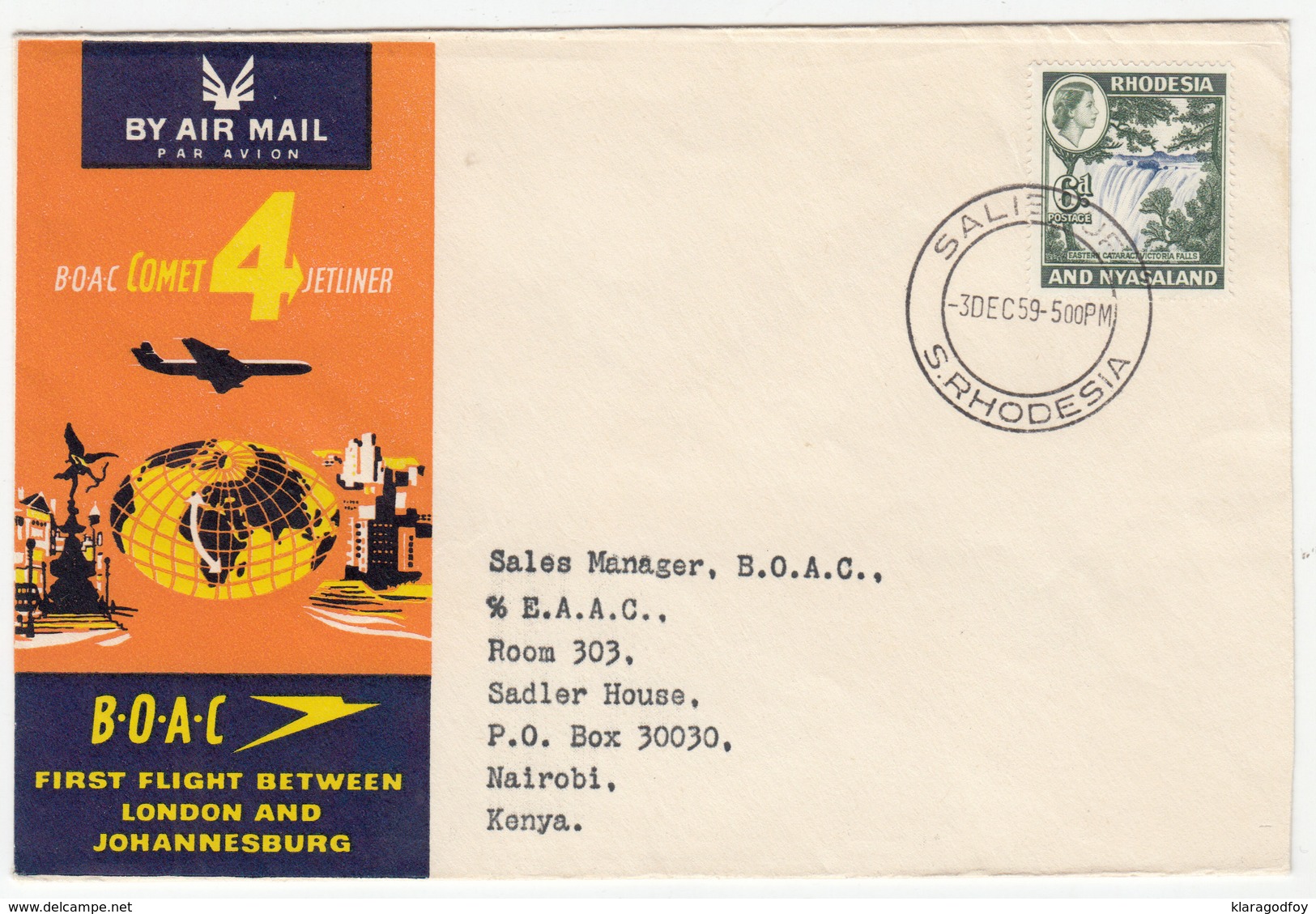 BOAC Comet 4 Jetliner London Johannseburg Cover Travelled 1959 Salisbury To Nairobi Bb171130 - Airplanes