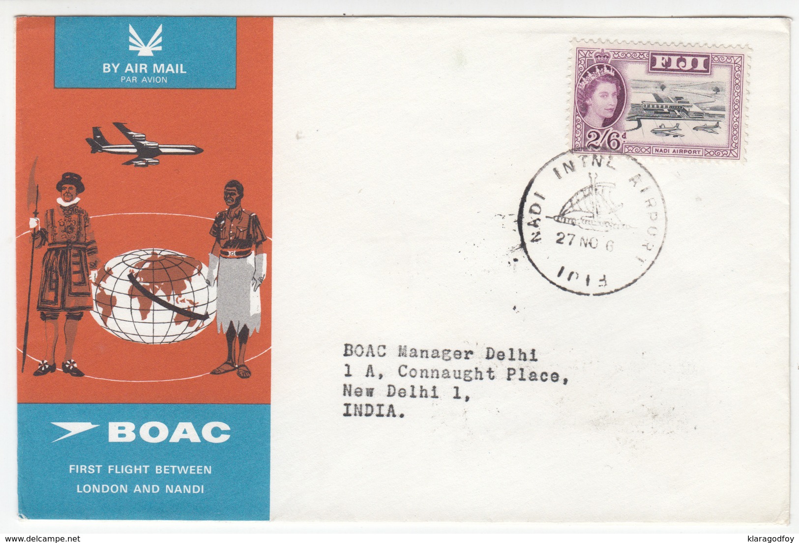 BOAC London Nadi (Nandi?) First Flight Cover Travelled 196? Fiji To New Delhi Bb171130 - Airplanes