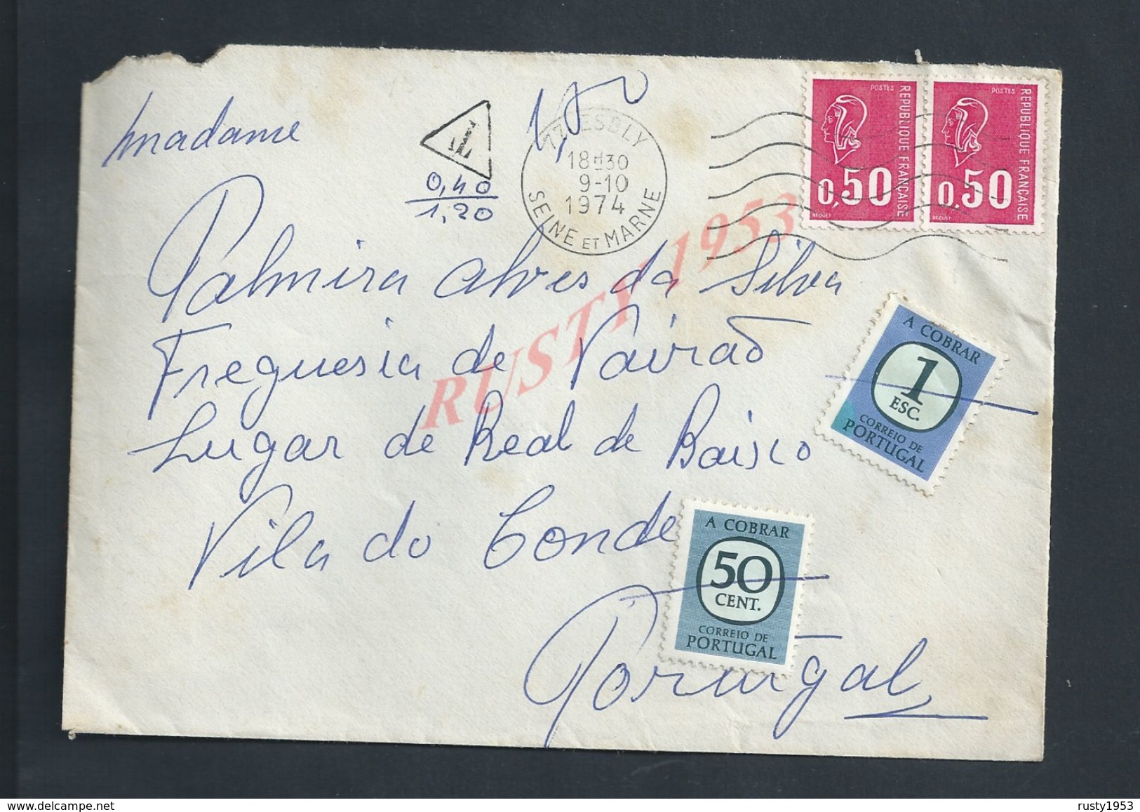 LETTRE DE FRANCE DE 1974 TAXÉ DE COUPVRAY  TAXE DU PORTUGAL VILA DO CONDE : - Lettres & Documents