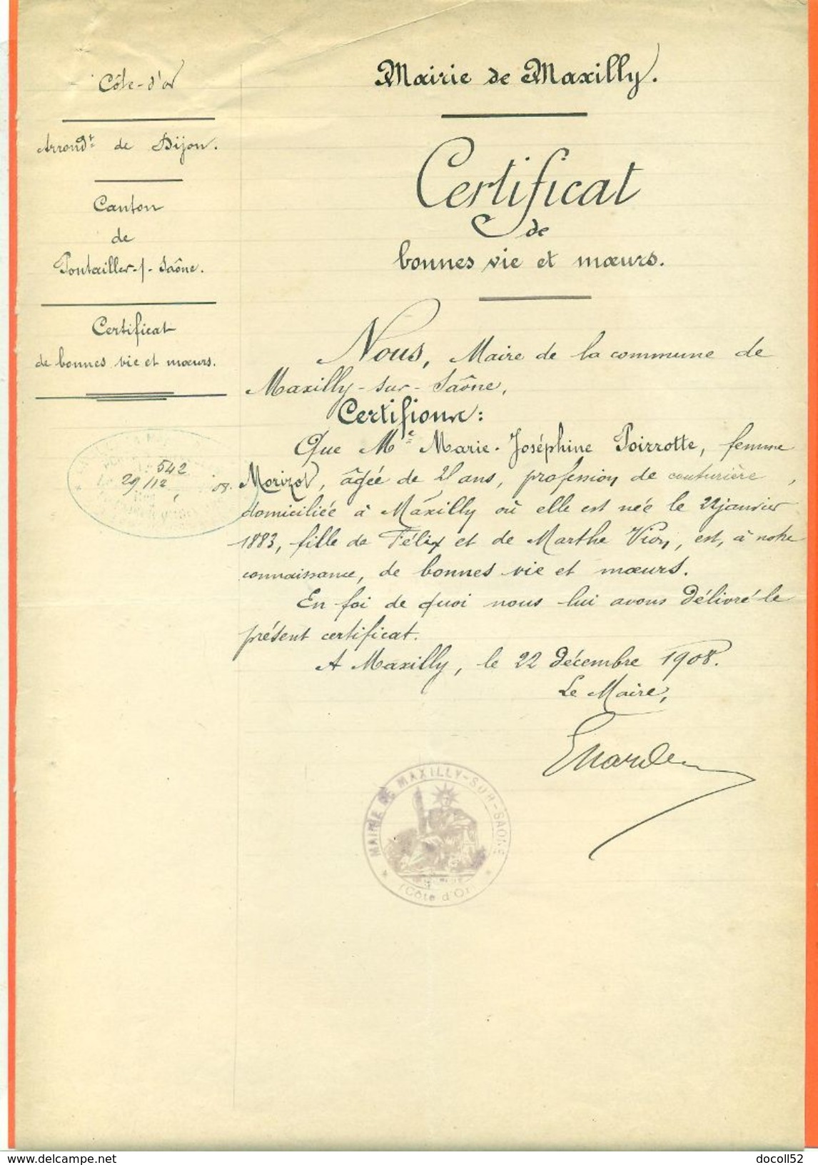 21 Maxilly Sur Saone " Certificat De Bonne Vie Et Moeurs Poirotte 1908 " VPAN 4 - Other & Unclassified
