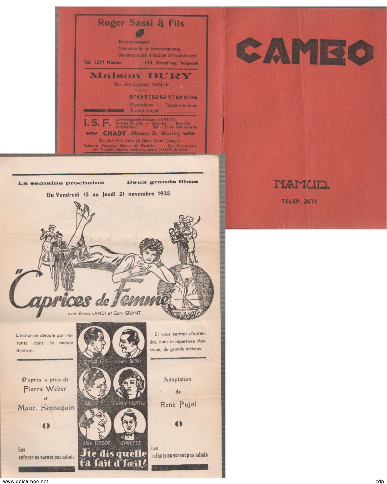 NAMUR   Programme Cinema Caméo 1935 - Programmes