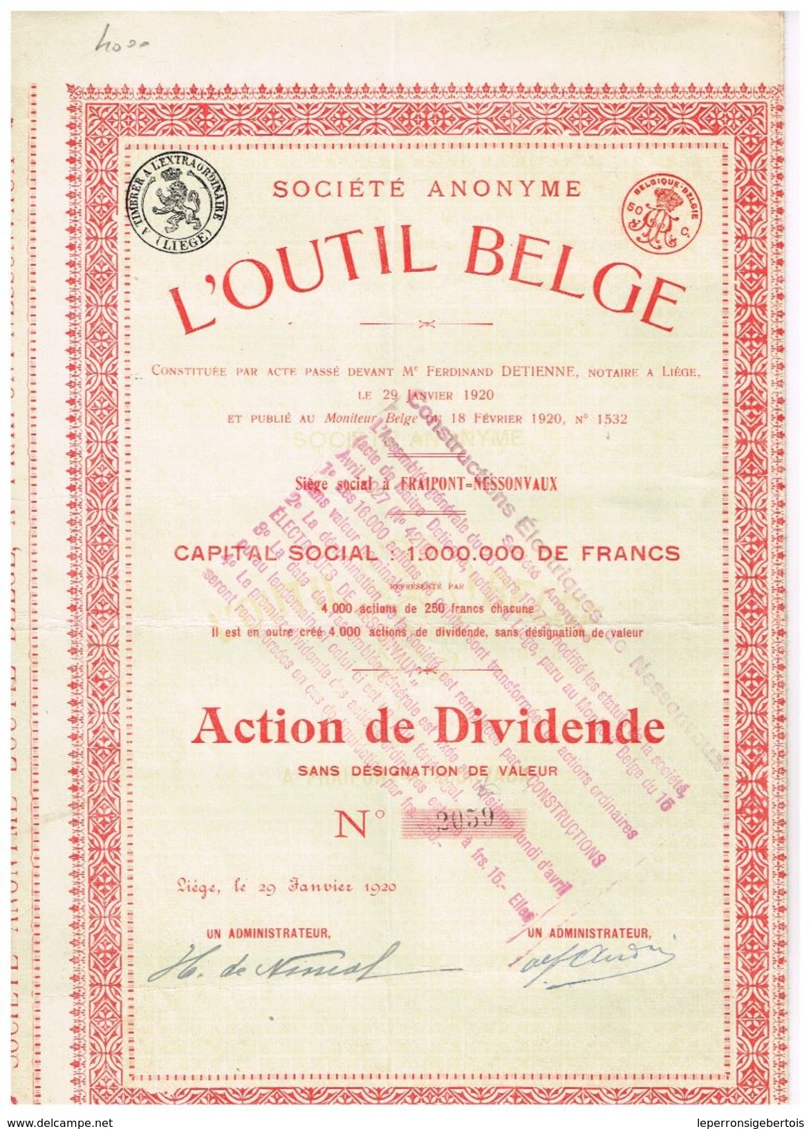 Action Ancienne - Société Anonyme L' Outil Belge - Titre De 1920 - Industrie