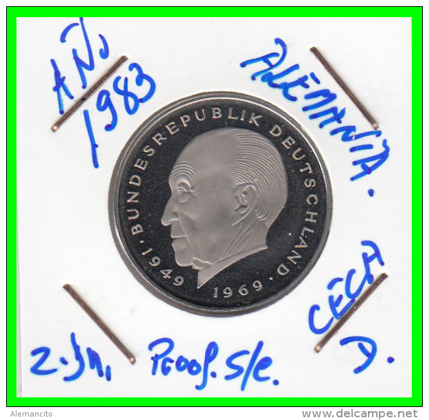 ALEMANIA - GERMANY  MONEDA DE 2.00 DM  AÑO 1983-D  KONRAD ADENAUER - 2 Marcos