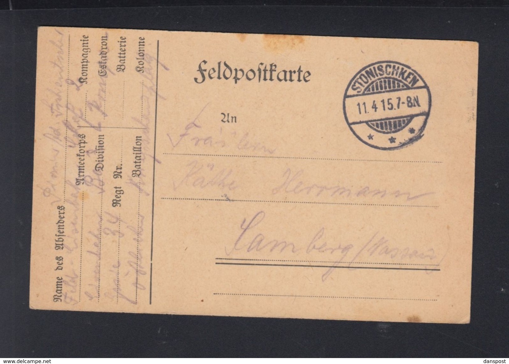 Dt. Reich Feldpost Litauen Lithuania Stonischken Stoniškiai 1915 - Lettres & Documents