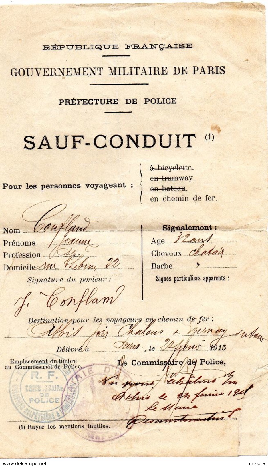 SAUF - CONDUIT - Gouvernement Militaire De Paris  - Destination En Chemin De Fer : ATHIS Par Chalons - Confland Jeanne - Documenti Storici