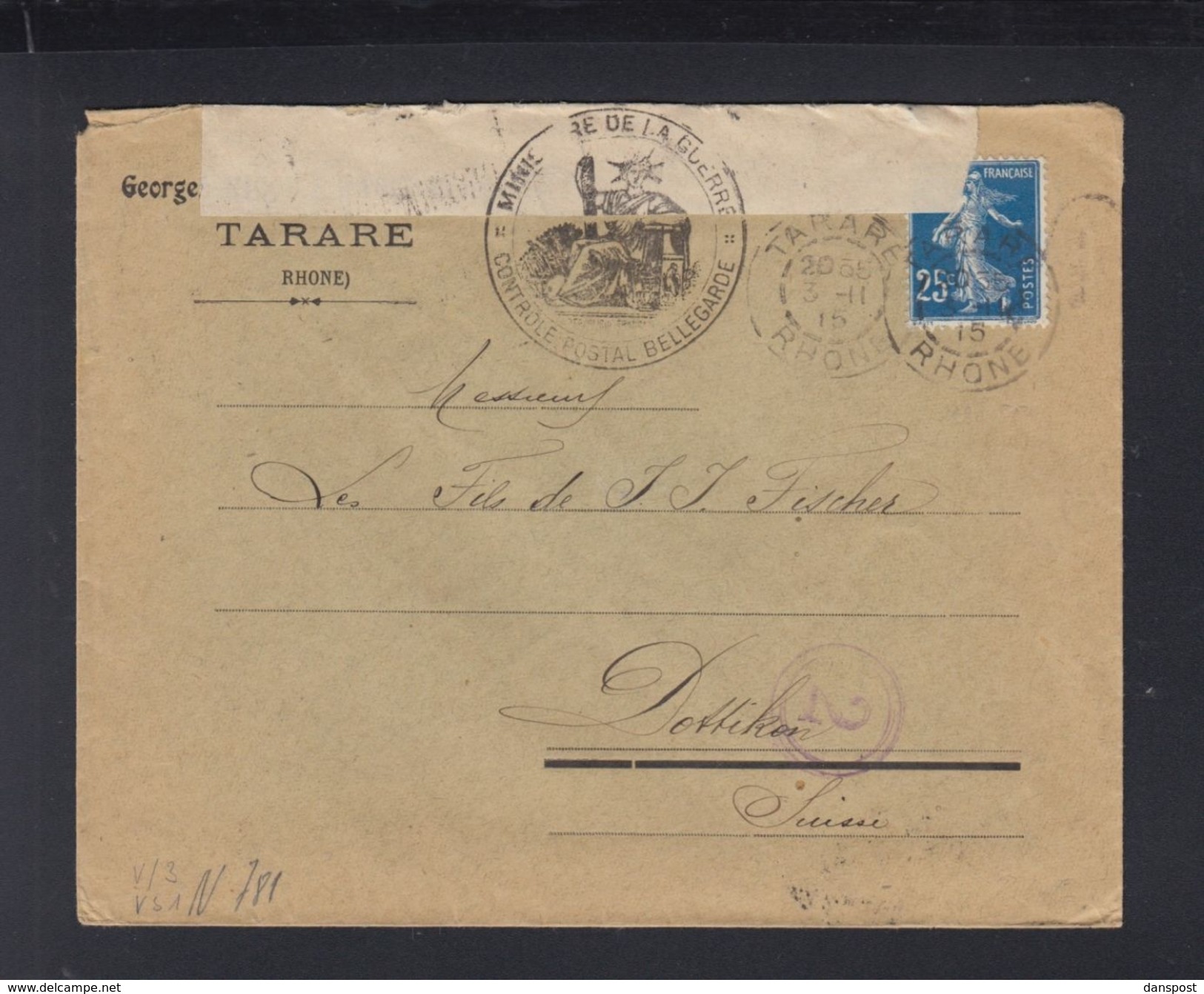 Lettre 1915 Controle Postal Bellegarde - 1877-1920: Semi-Moderne