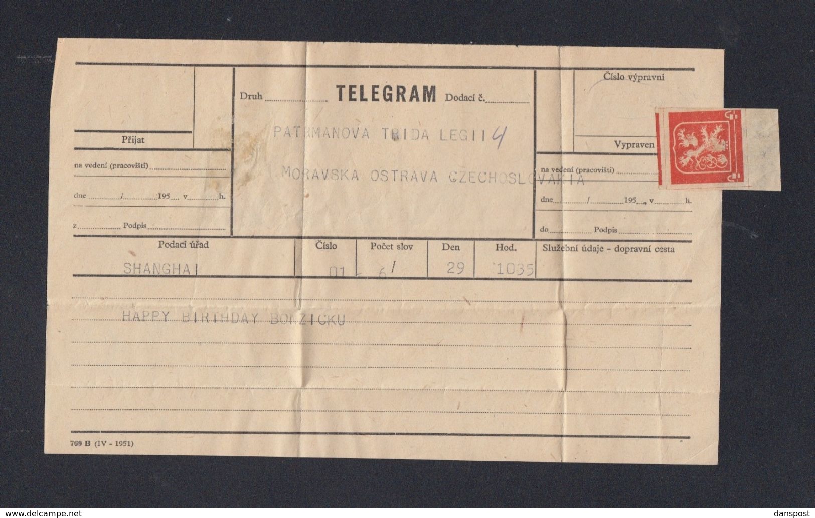 Czechoslovakia Telegramm From China Shanghai - Briefe