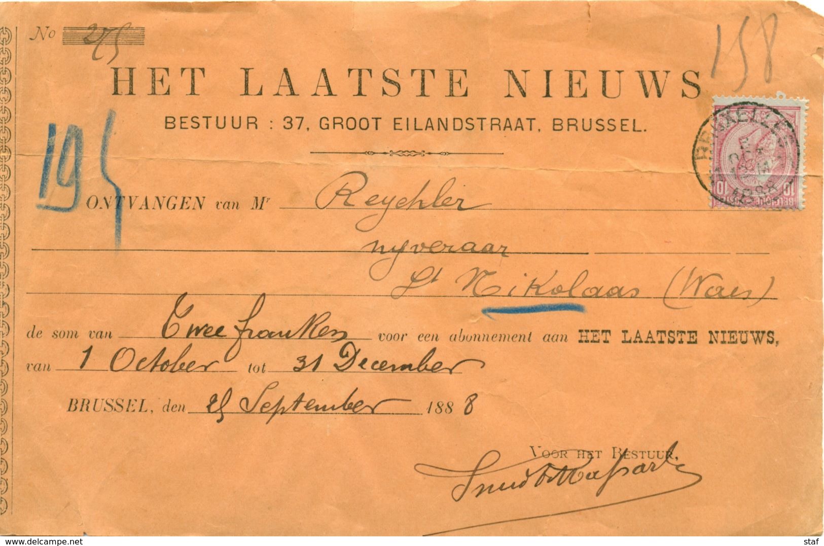 Ontvangstbewijs Voor Abonnement Op Dagblad Het Laatste Nieuws : 1888 - 1800 – 1899