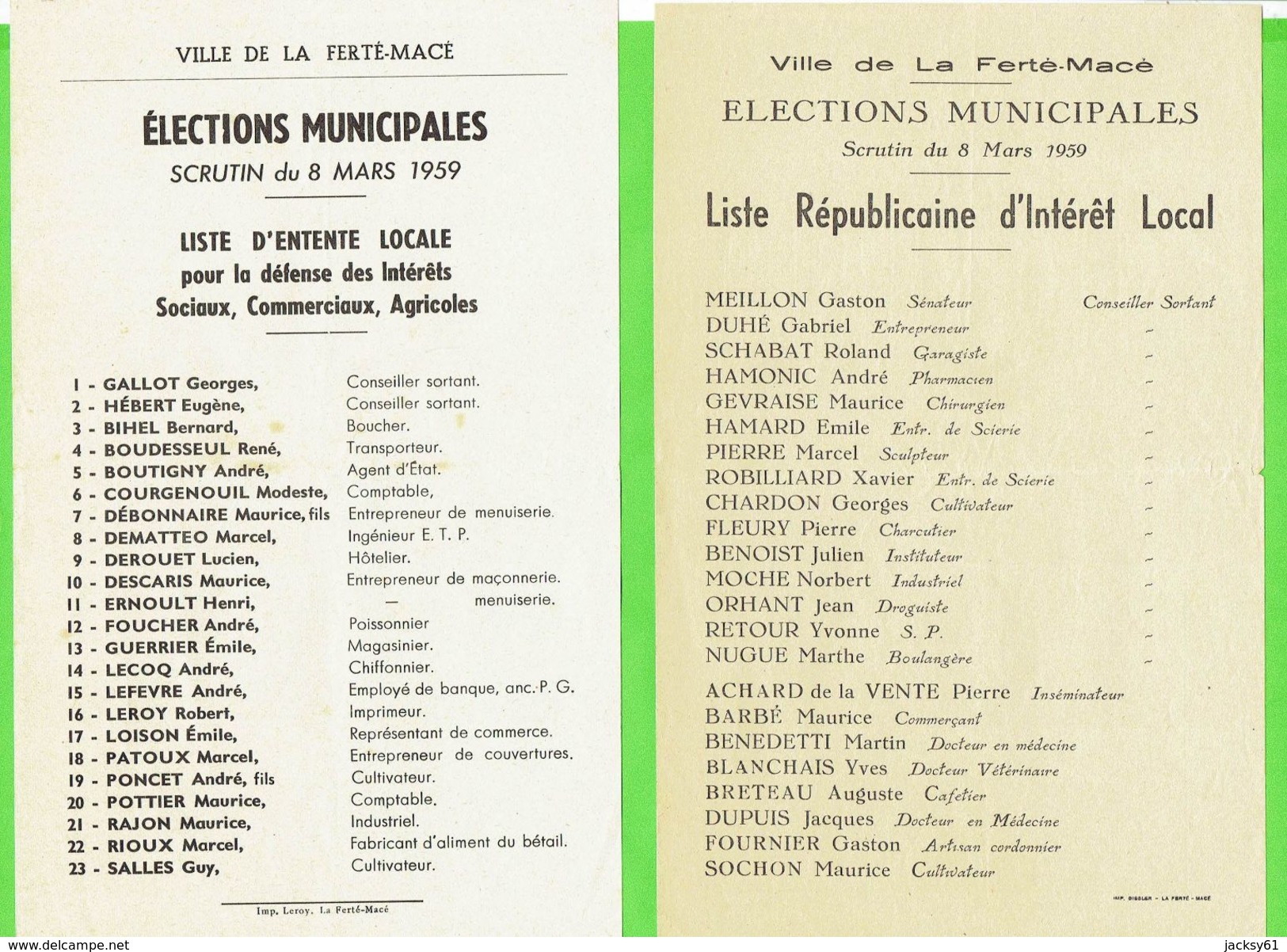 61- La Ferte Mace éléctions Municipales Scrutin Du 8 Mars 1959 - Zonder Classificatie