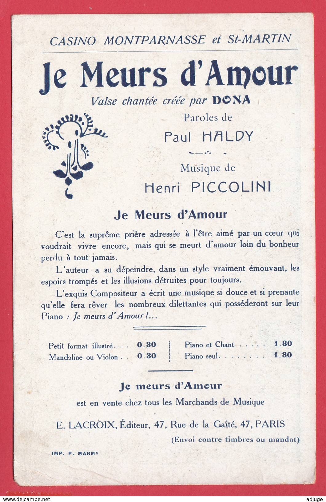 DONA - Le Chanteur Populaire-1910- Je Meurs D'Amour Pour Toi  =>VOIR Recto/Verso - Entertainers