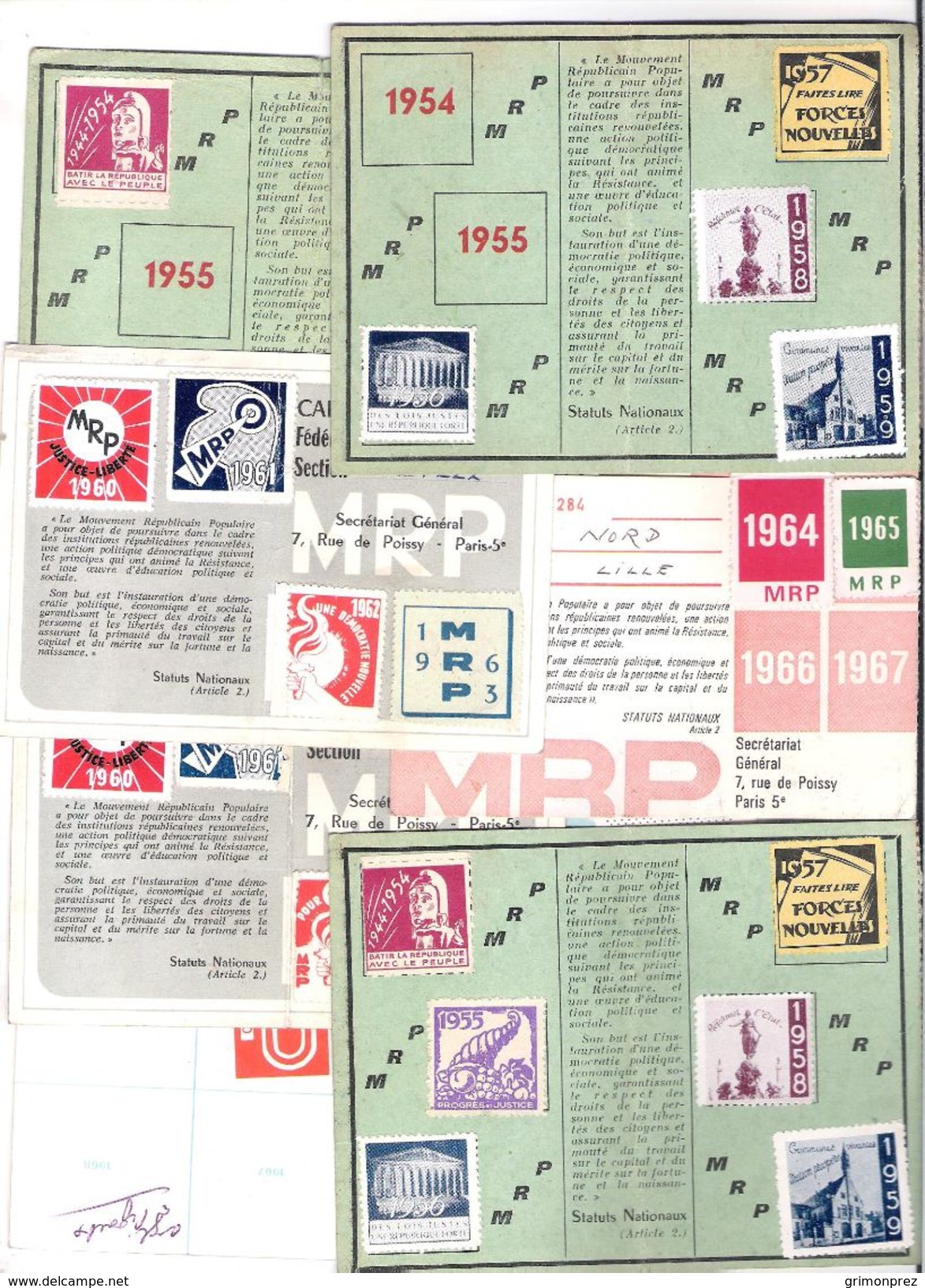 LOT De 11 Cartes D'adhérents Du Parti Politique MRP CDS Avec Des Vignettes Années 1950  1960  1980 - Autres & Non Classés