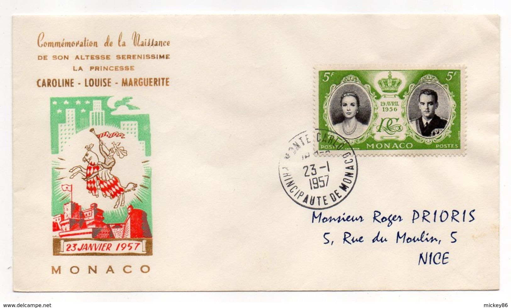 MONACO--1957-  Enveloppe Souvenir Du 23 Janv 1957 --Naissance De La Princesse Caroline - Destinée à NICE-06 - Lettres & Documents