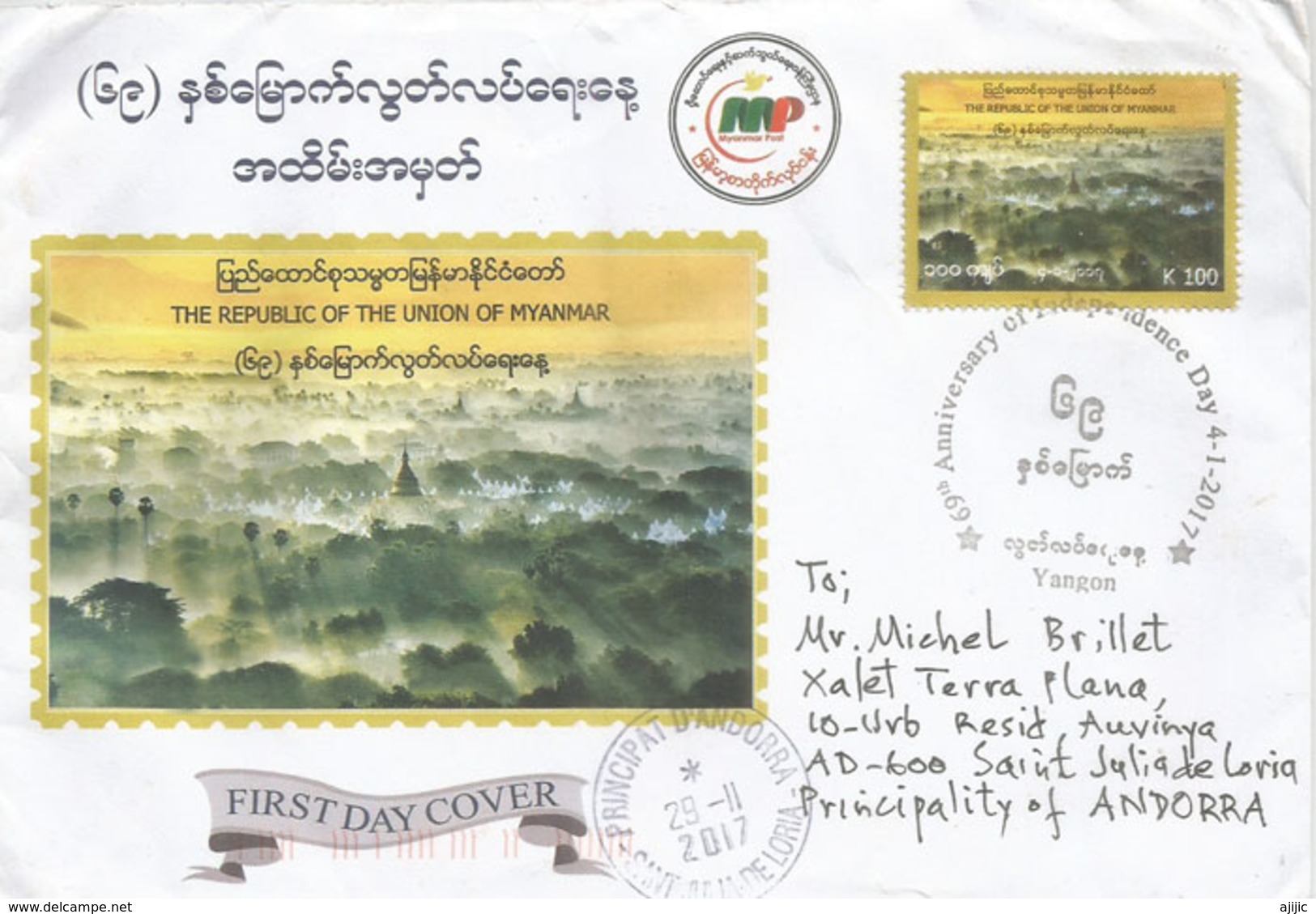 Belle Lettre De Rangoon (Yangon) 2017, (Independence Day) , Adressée Andorra, Avec Timbre à Date Arrivée - Myanmar (Birmanie 1948-...)