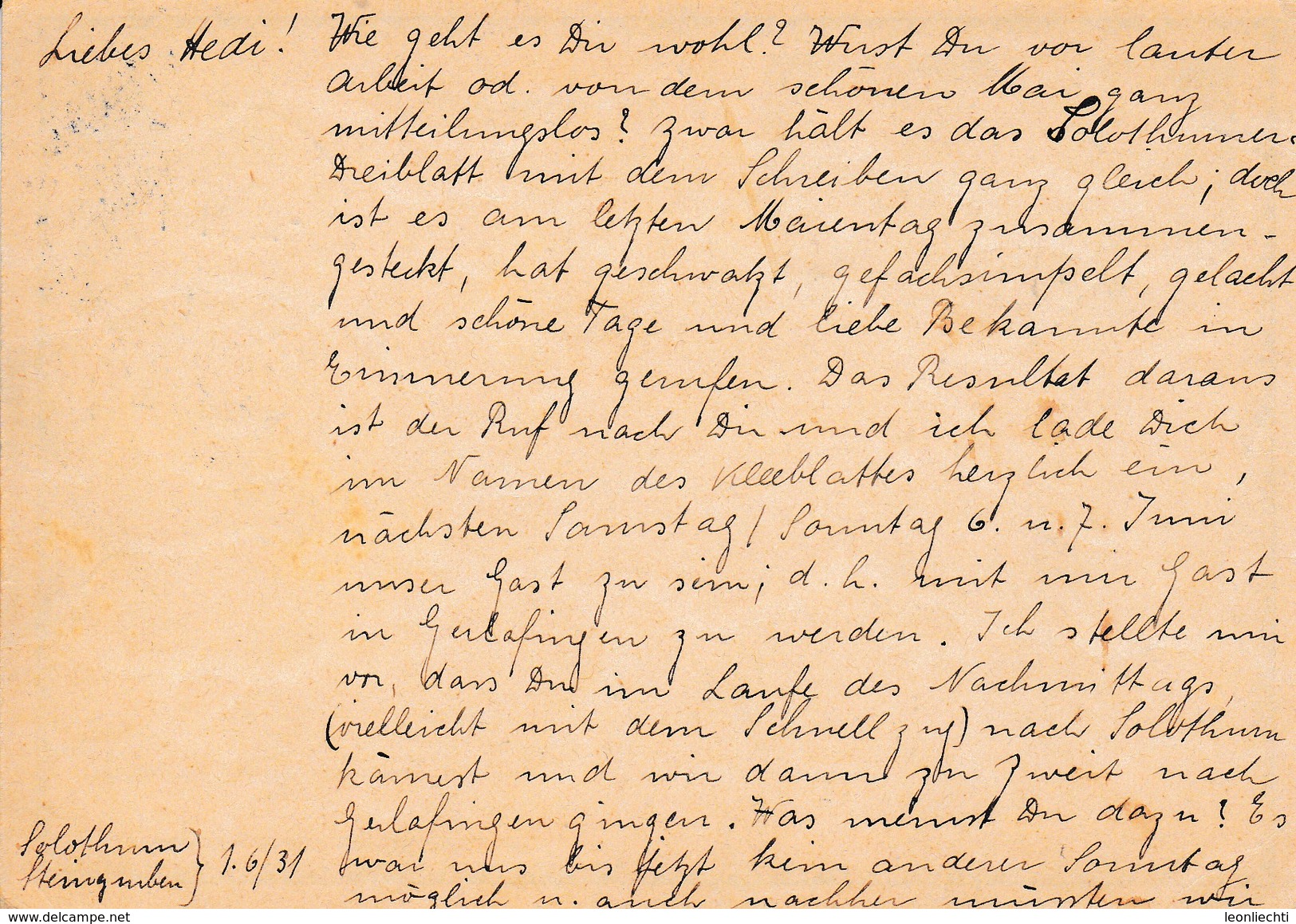 Postkarte Gelaufen Von Solothurn Nach Reinach  Am 1.Juni 1931.  Braunwald, Glarus - Entiers Postaux