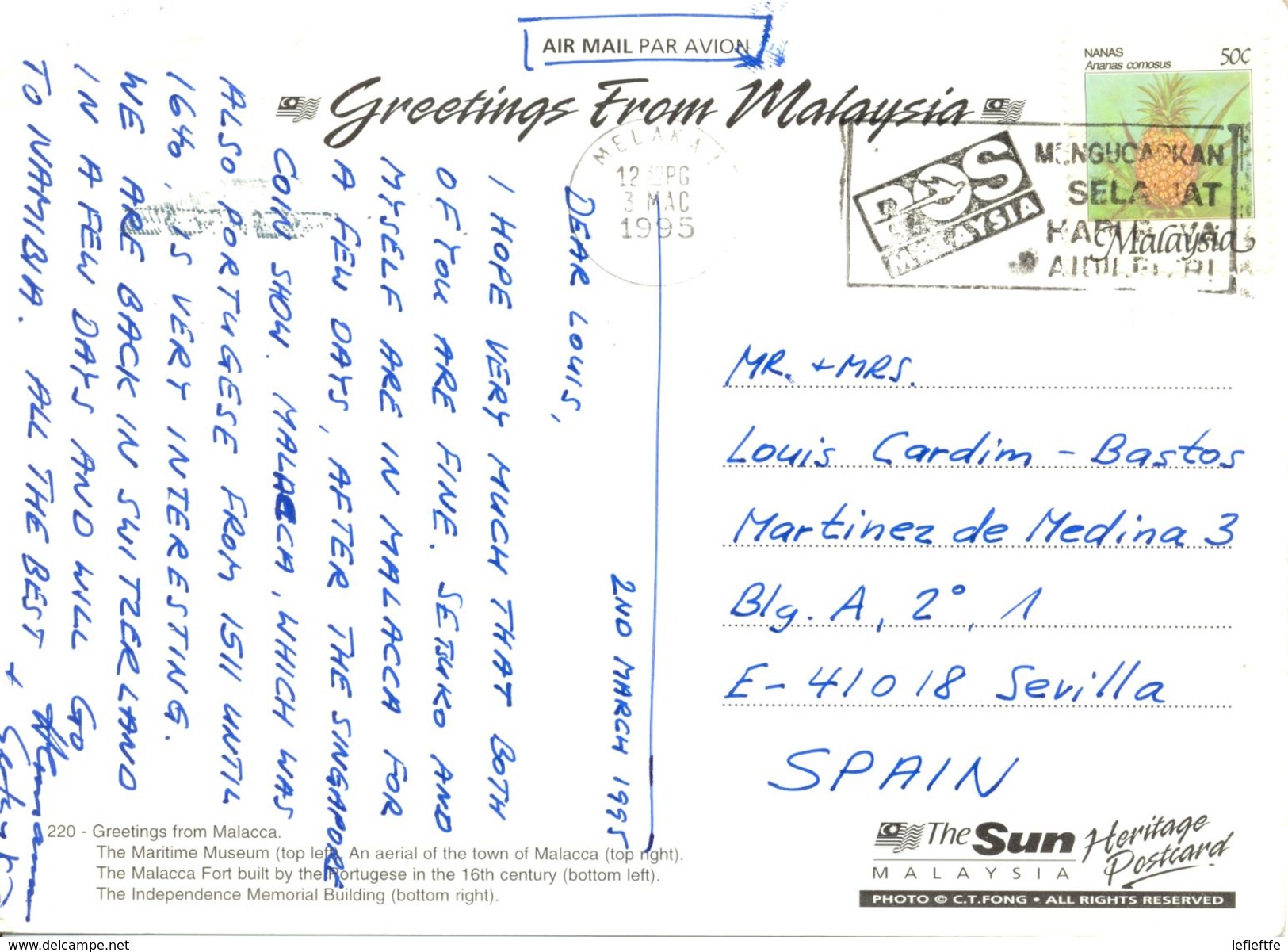 Malaisie - Greetings From Malacca - Multivues - 1995 - The Sun Heritage Postcard Nº 220 - Ecrite, Timbrée - - Malaysia