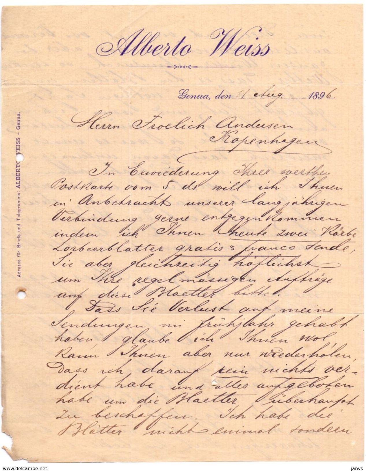 Brief Lettre - Alberto Weiss - Genua 1896 - Italien