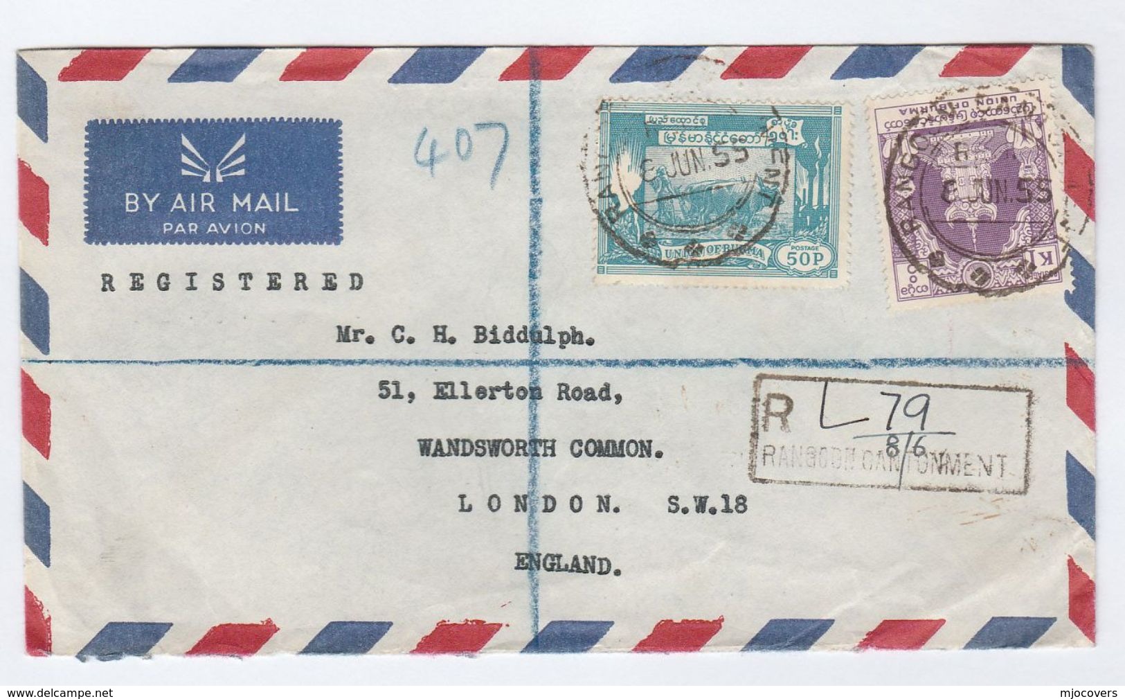 1955 REGISTERED Air Mail BURMA Stamps COVER To GB With WAX SEAL - Myanmar (Burma 1948-...)