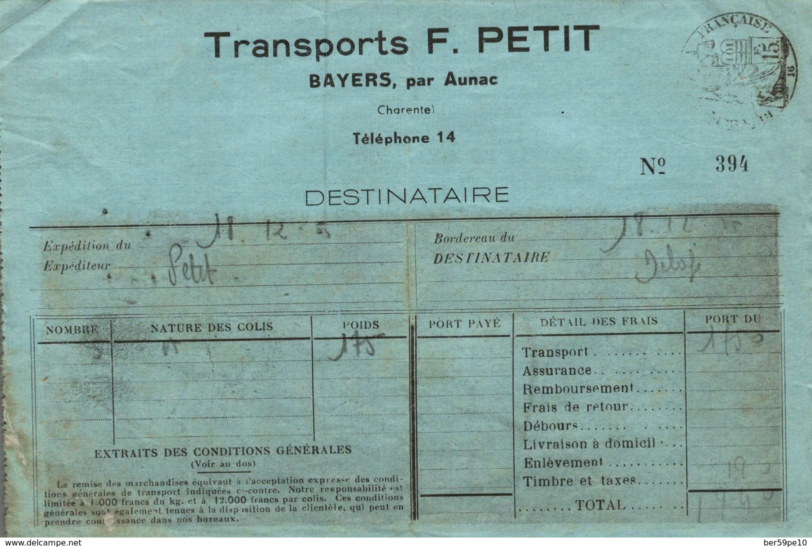 TRANSPORTS F. PETIT BAYERS PAR AUNAC - 1950 - ...