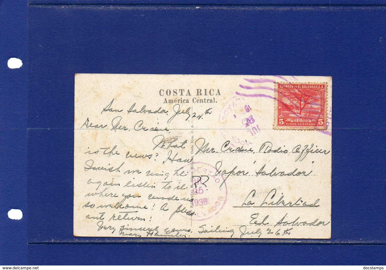 POSTCARDS-Costa Rica -  1938 -  Reventazon River - Port Limon - Used In El Salvador - Costa Rica