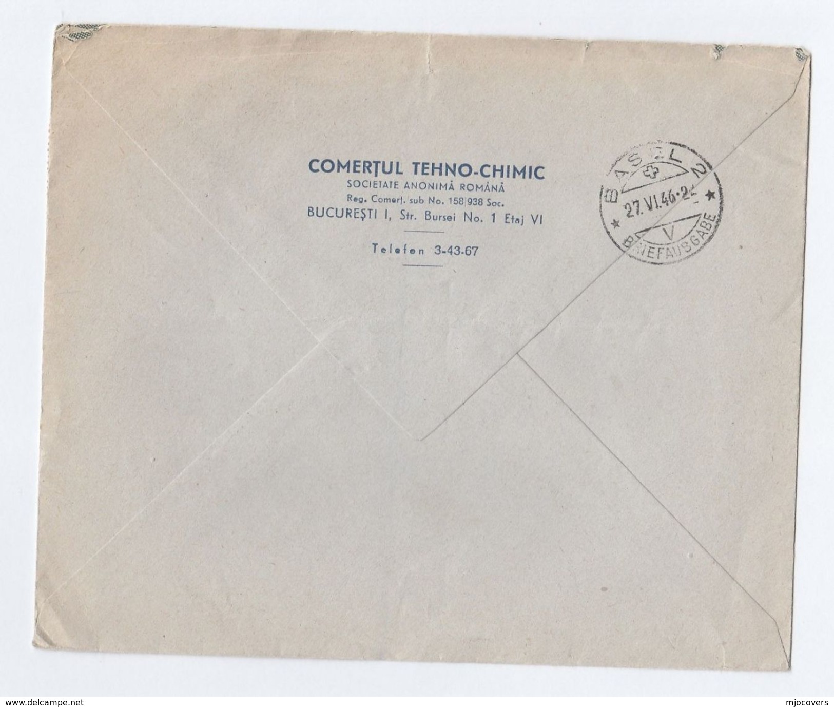 1946 REGISTERED ROMANIA Stamps COVER Comertul Techno Chimic Co To Switzerland - Covers & Documents