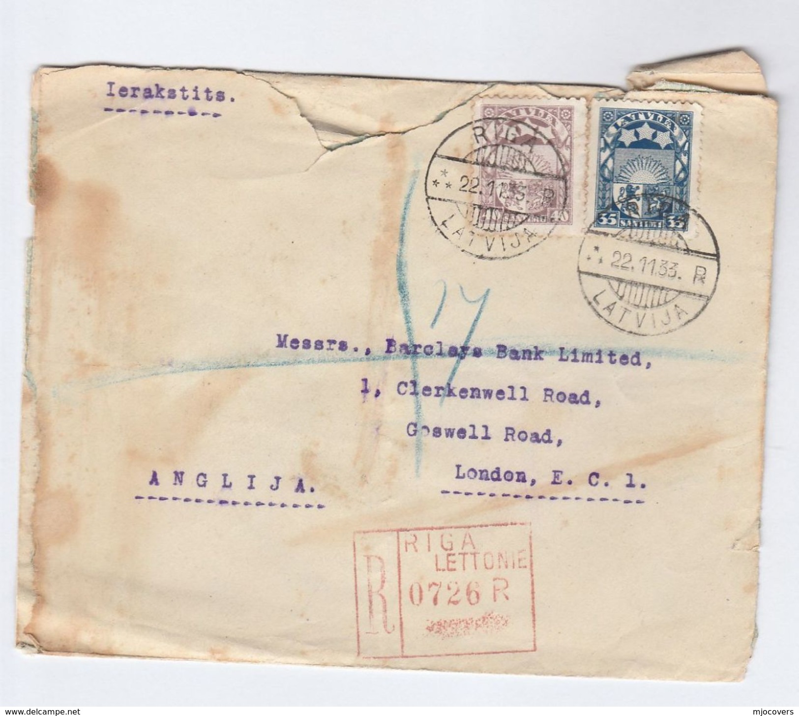 1933 REGISTERED LATVIA Stamps COVER From BRITISH FUR HOUSE Riga To GB - Latvia