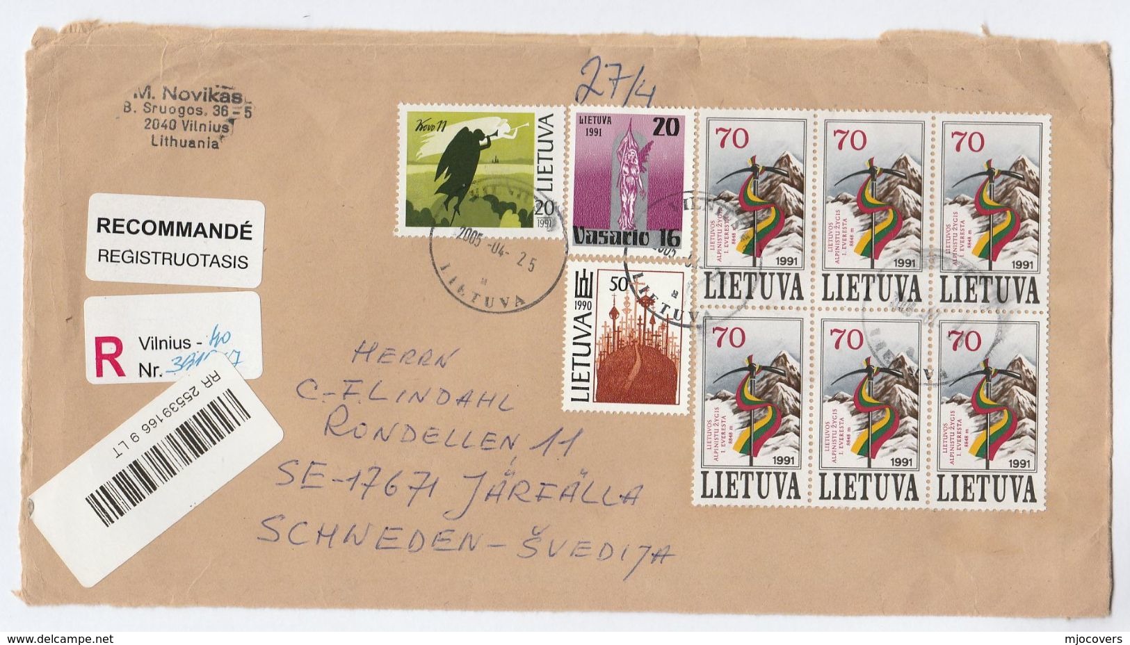 2005 REGISTERED LITHUANIA COVER (front)  6 X EVEREST MOUNTAINEERING Stamps  To Sweden, Mountain Climbing - Climbing