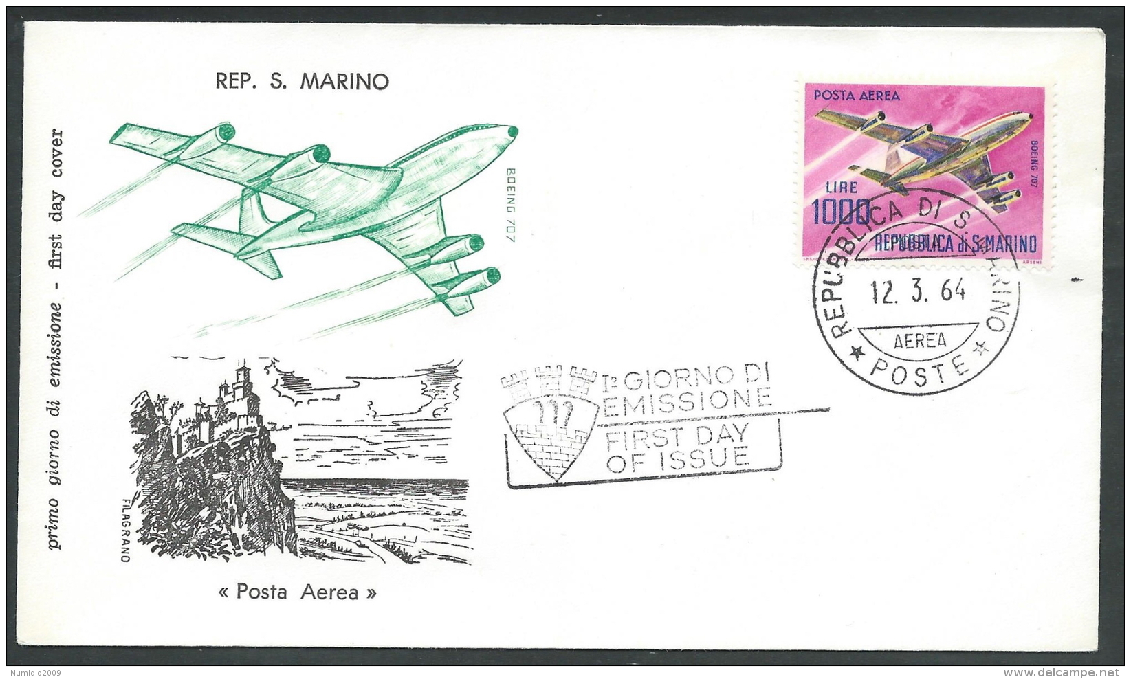 1964 SAN MARINO FDC FILAGRANO POSTA AEREA 1000 LIRE NO TIMBRO ARRIVO - BF - FDC