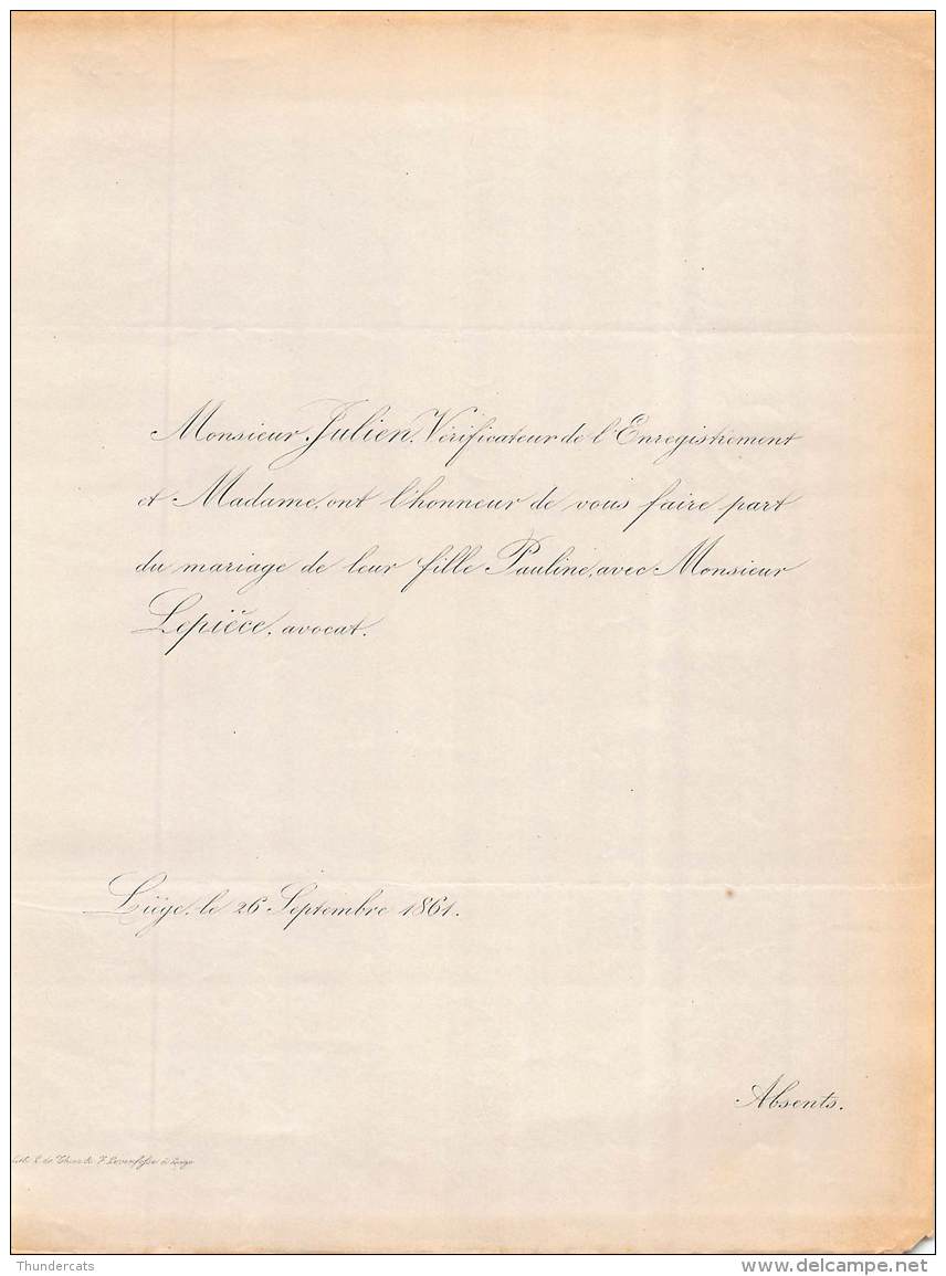 FAIRE PART MARIAGE JULIEN PAULINE LEPIECE AVOCAT LIEGE 1861 - Mariage