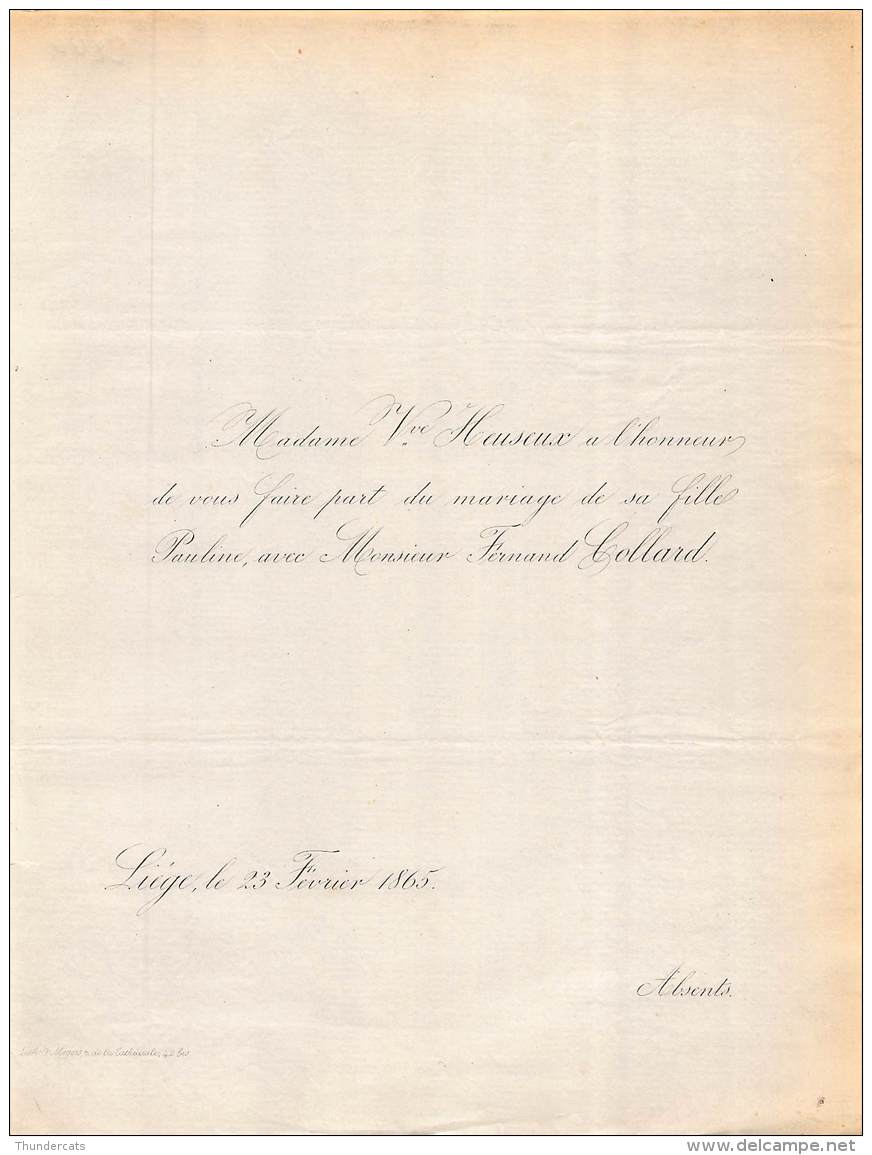 FAIRE PART MARIAGE HASEUX PAULINE FERNAND COLLARD LIEGE 1865 - Mariage