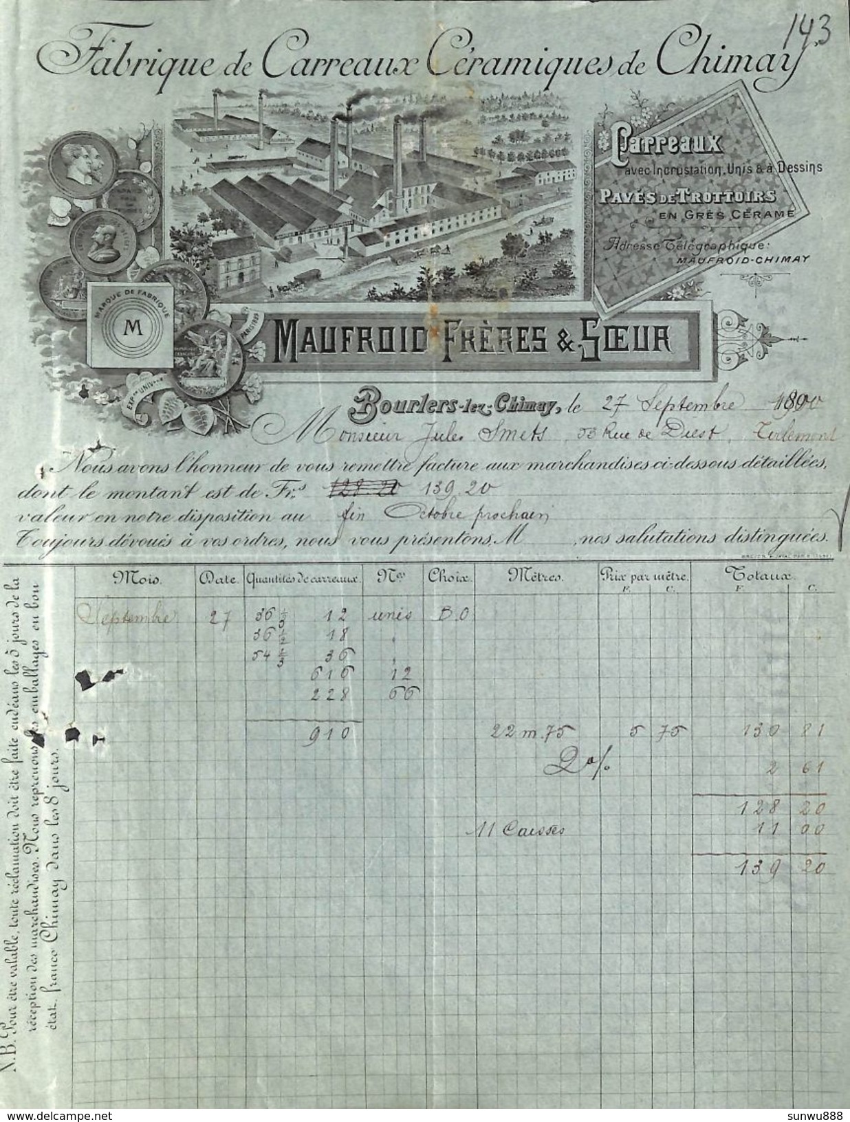 Fabrique De Carreaux Céramiques De Chimay - Maufroid Frères & Soeur, Bourlers-lez-Chimay 1890 Illustration - 1800 – 1899