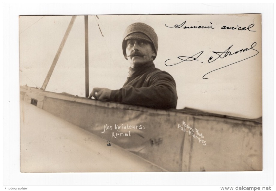 Aviation Aviateur Arnal Autographe A Arnaud De Pontac Ancienne Carte Photo 1911 - Aviation