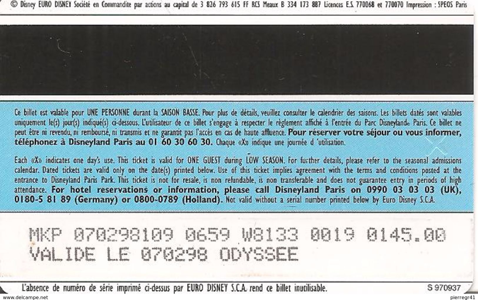 PASS-DISNEYLANDPARIS -1998-PERSONNAGES -ADULTE--V° SPEOS-S970937-VALIDE LE 070298-ODYSSEE TBE- - Disney-Pässe