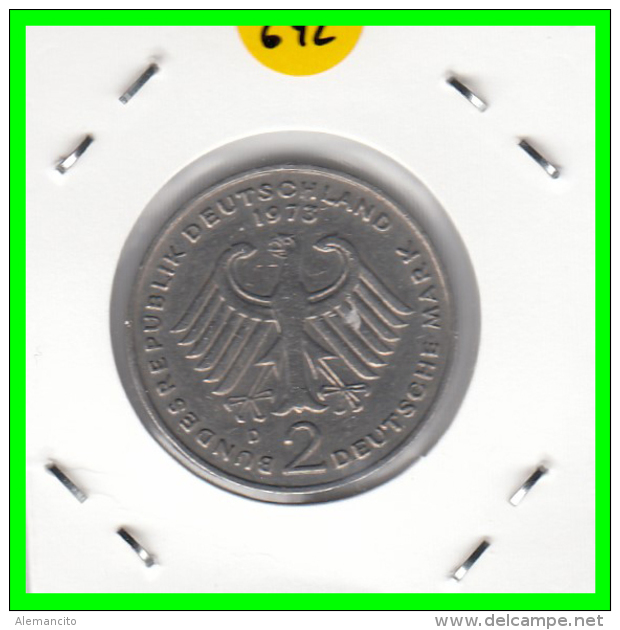 ALEMANIA - GERMANY -MONEDA DE 2.00 DM. THEODOR HEUSS - AÑO 1973-D - 2 Mark