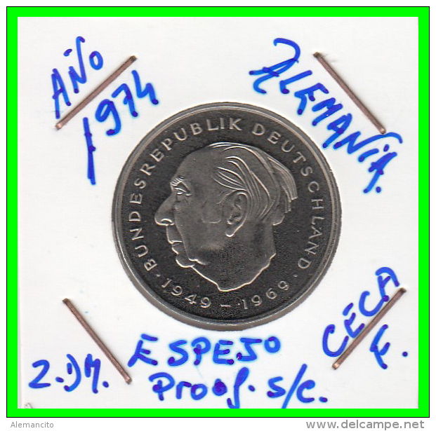 ALEMANIA - GERMANY -MONEDA DE 2.00 DM. THEODOR HEUSS - AÑO 1974-F CALIDAD PROOF S/C - 2 Marcos