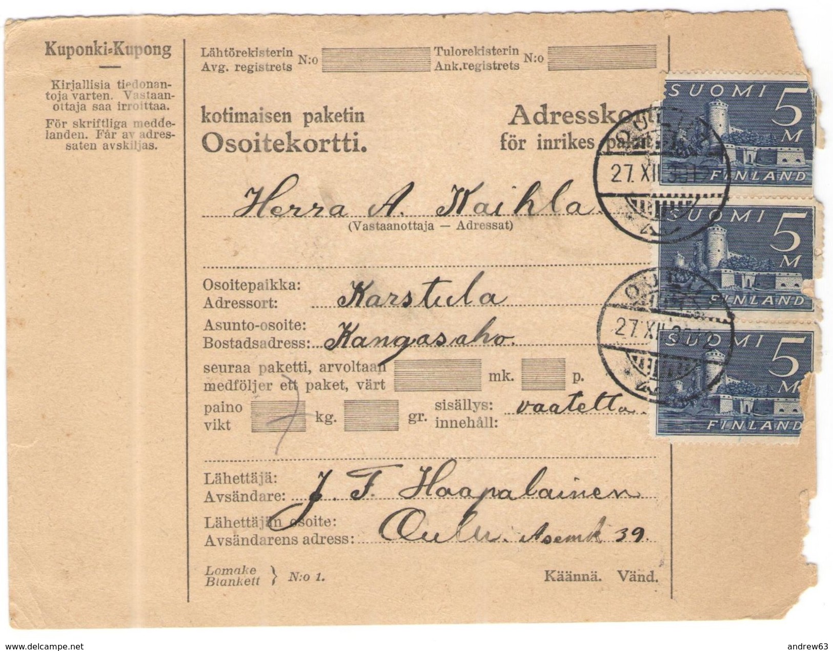 FINLANDIA - Finland - 1930 - Osoitekortti, Kotimaisen Paketin - Adresskort Paket Packet Freight Bill Card - Viaggiata Da - Paketmarken