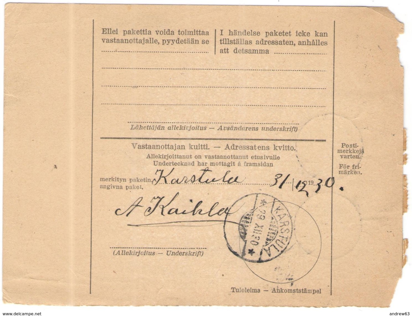 FINLANDIA - Finland - 1930 - Osoitekortti, Kotimaisen Paketin - Adresskort Paket Packet Freight Bill Card - Viaggiata Da - Paketmarken