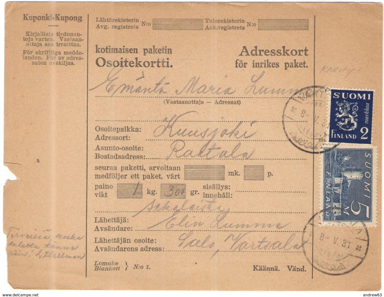 FINLANDIA - Finland - 1931 - Osoitekortti, Kotimaisen Paketin - Adresskort Paket Packet Freight Bill Card - Viaggiata Da - Parcel Post