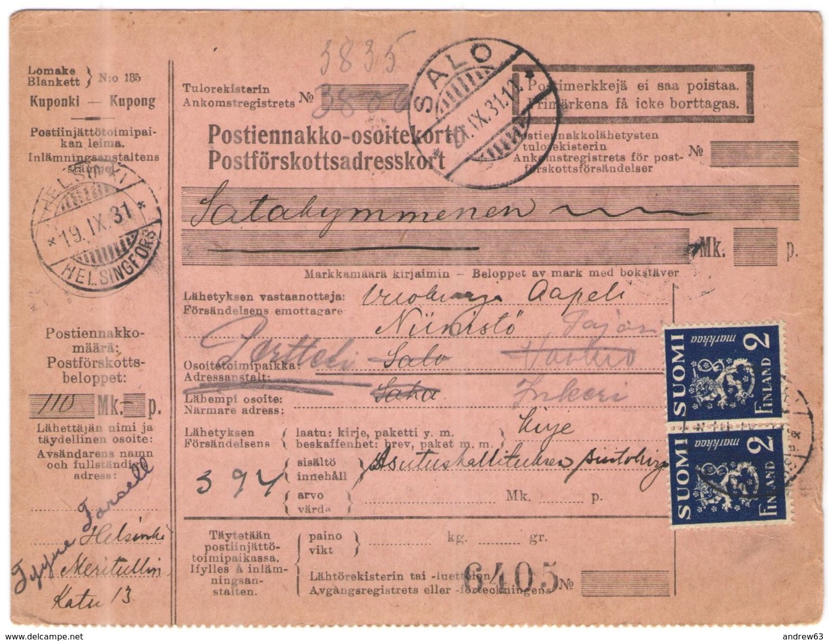 FINLANDIA - Finland - 1931 - Postiennakko-Osoitekortti - Adresskort Paket Packet Freight Bill Card - Viaggiata Da Helsin - Paketmarken