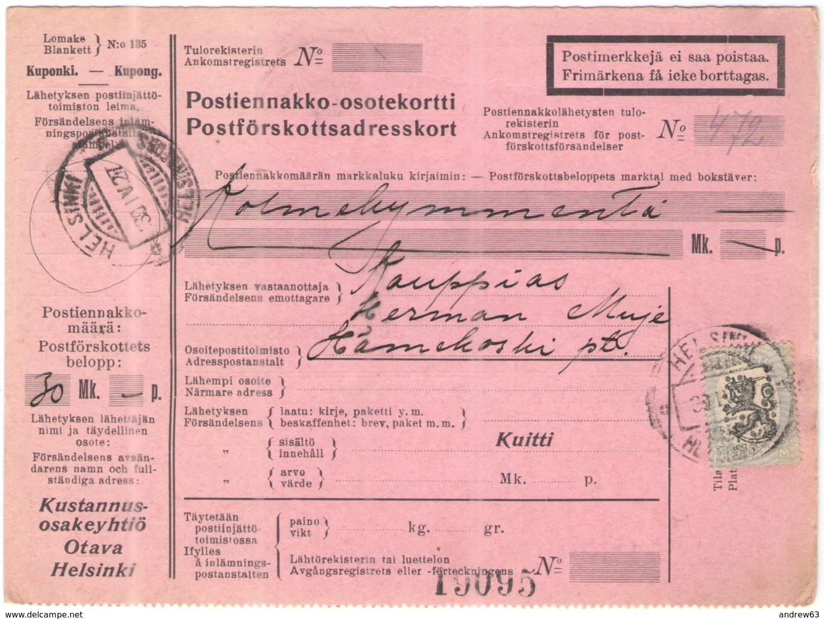 FINLANDIA - Finland - 1927 - Postiennakko-Osoitekortti - Adresskort Paket Packet Freight Bill Card - Viaggiata Da Helsin - Paketmarken