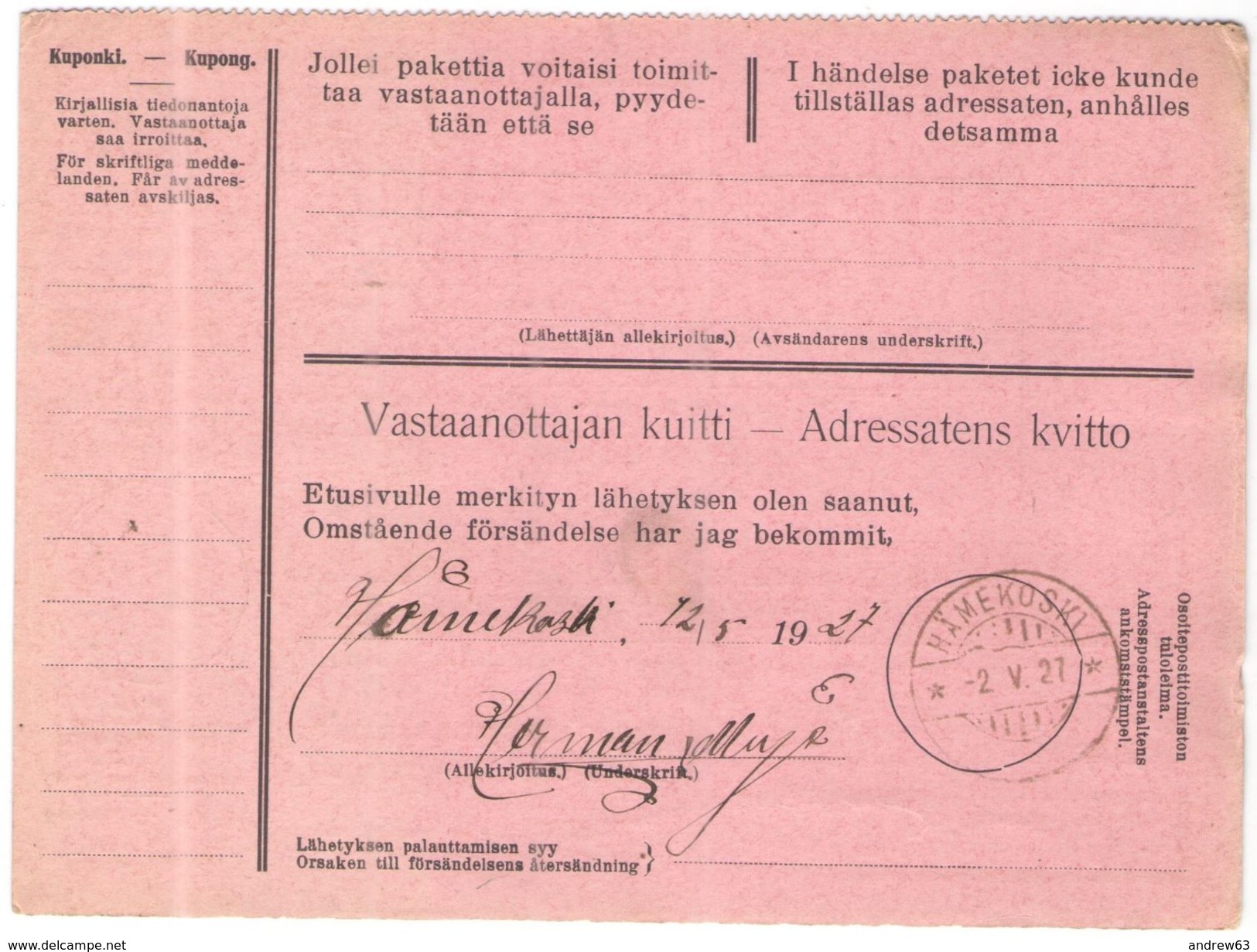 FINLANDIA - Finland - 1927 - Postiennakko-Osoitekortti - Adresskort Paket Packet Freight Bill Card - Viaggiata Da Helsin - Postpaketten